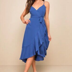 Lulus "Manhattan Moment Blue Ruffled Midi Wrap Dress"